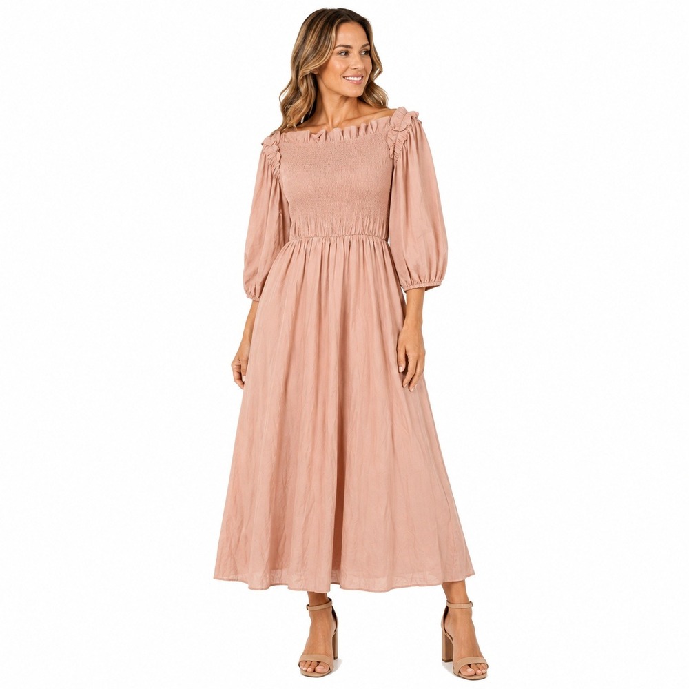 Minimal Smocked Top Waisted Dress Women Size 20 Pink Cotton Midi C-12366 New‎
